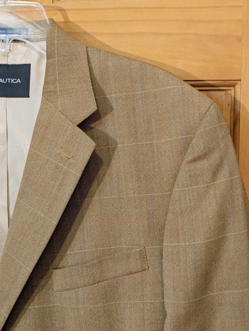 Nautica Blazer 100% Wool Tan Brown Windowpane Sport Coat 44R Classic Career